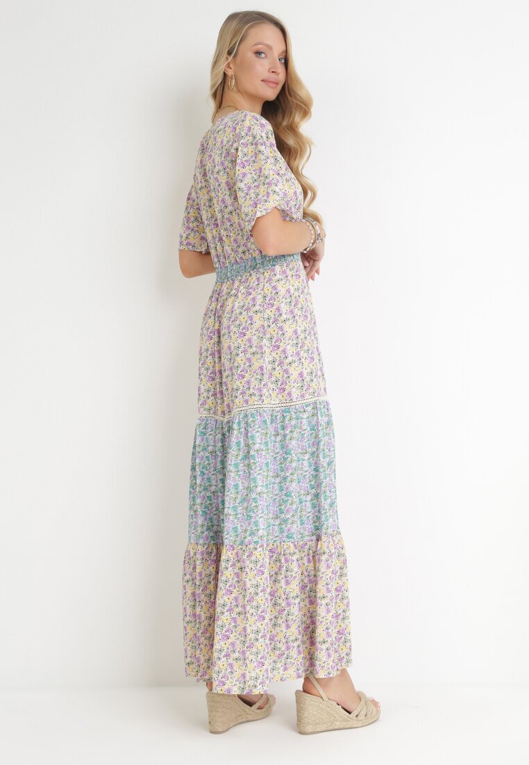 moni&co Rochie Fioletovo-Albastră Evazată Maxi cu elastic în talie și decolteu din dantelă Gerbera