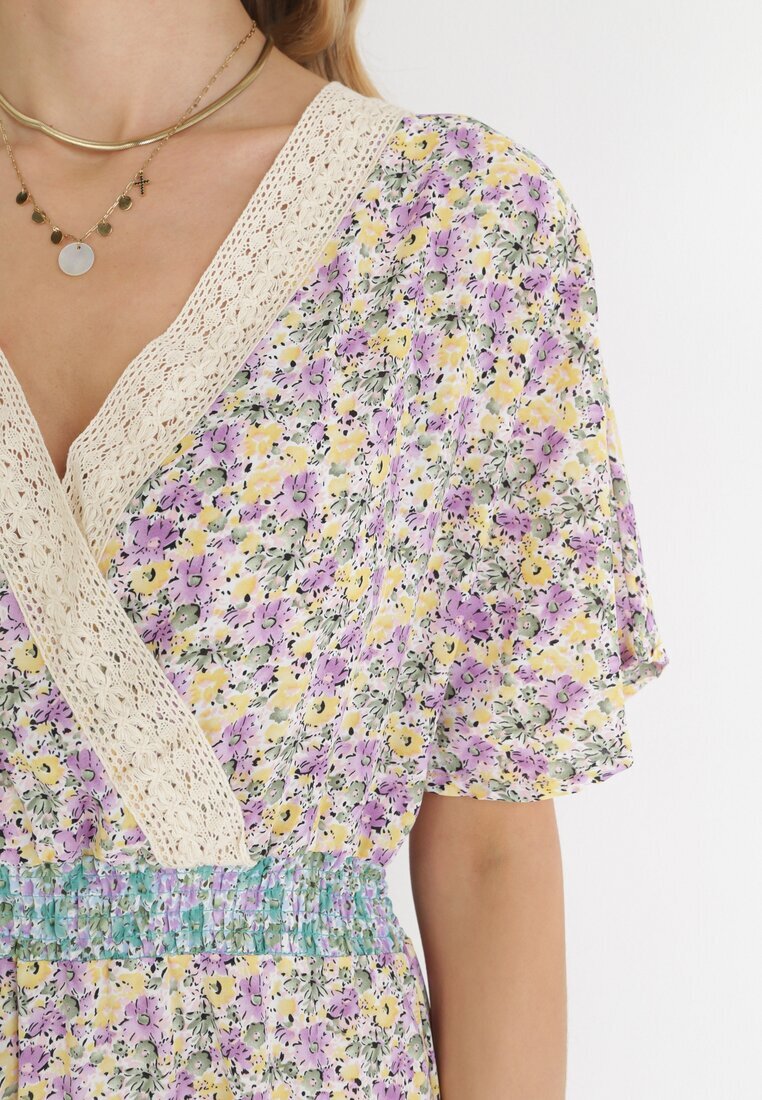 moni&co Rochie Fioletovo-Albastră Evazată Maxi cu elastic în talie și decolteu din dantelă Gerbera
