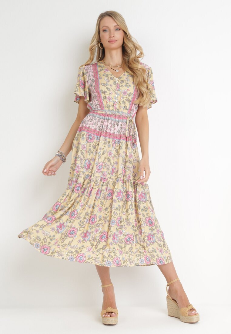 moni&co Rochie Galbenă Cloș Midi cu Elastic în Talie și Curea din Material Shagumi