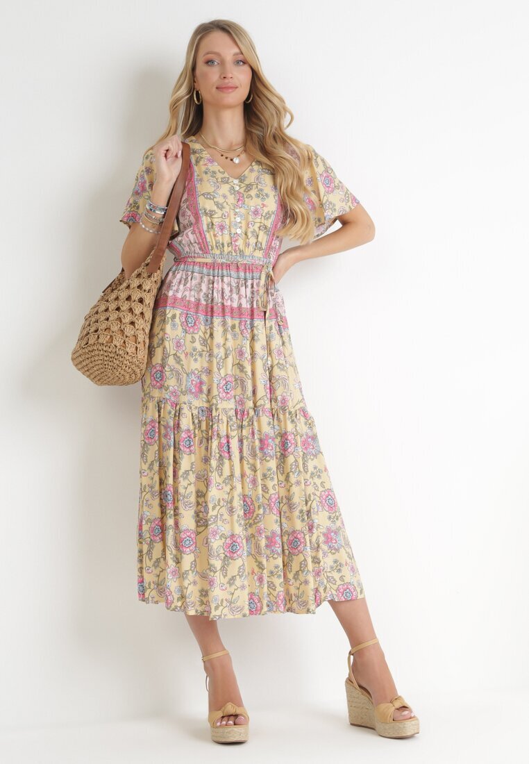 moni&co Rochie Galbenă Cloș Midi cu Elastic în Talie și Curea din Material Shagumi