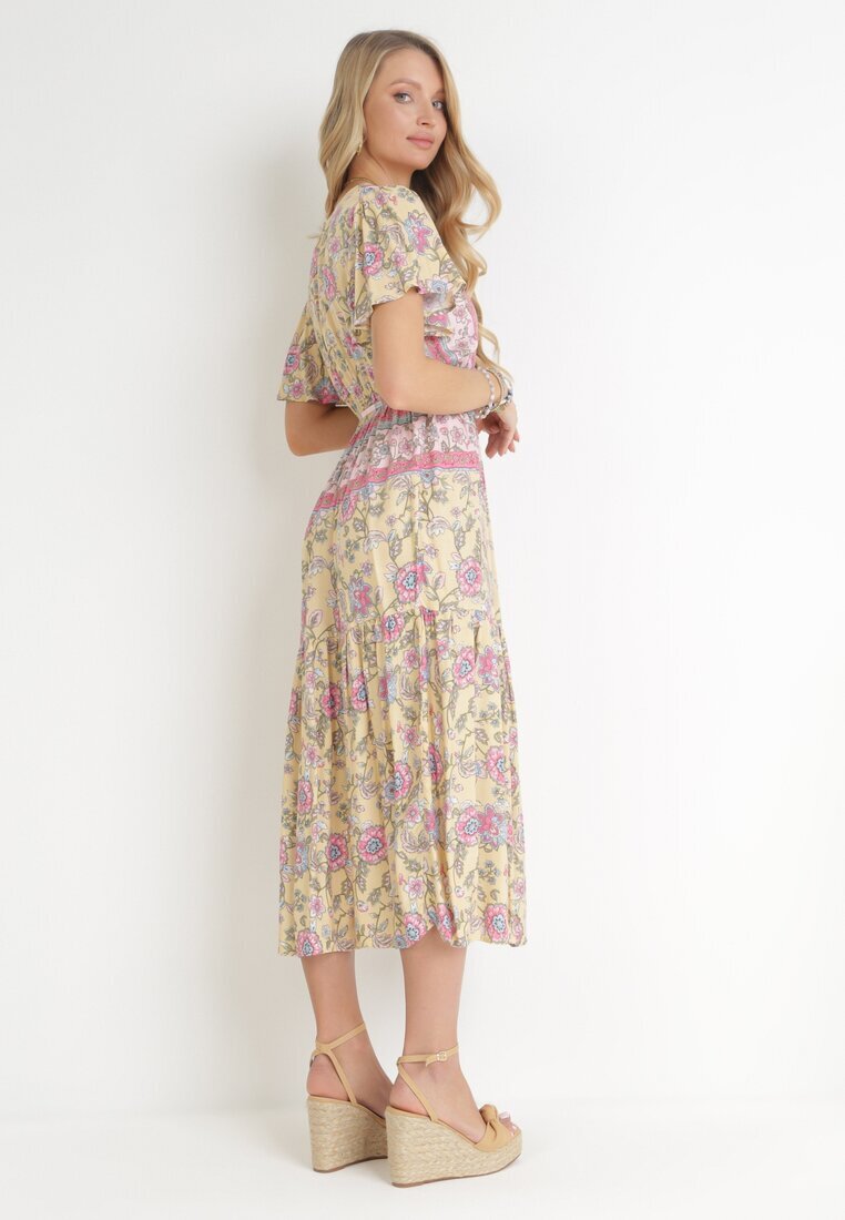 moni&co Rochie Galbenă Cloș Midi cu Elastic în Talie și Curea din Material Shagumi