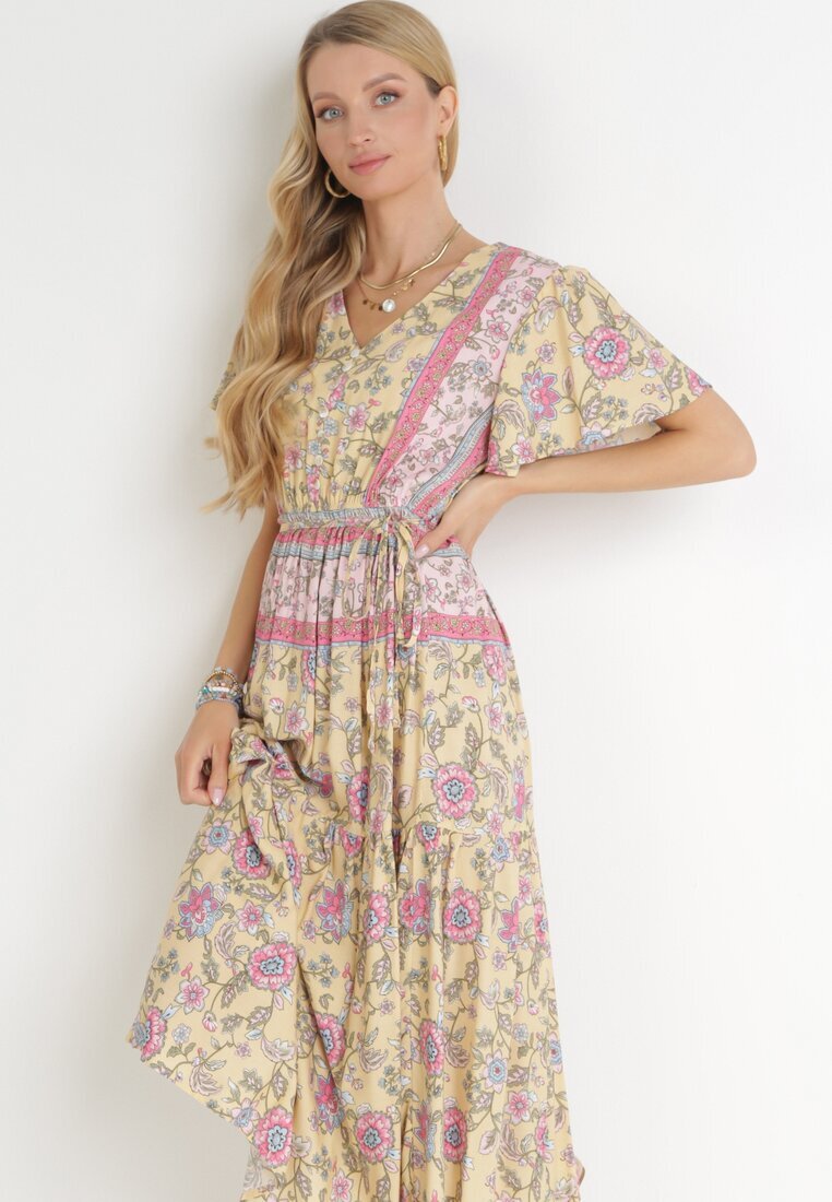 moni&co Rochie Galbenă Cloș Midi cu Elastic în Talie și Curea din Material Shagumi