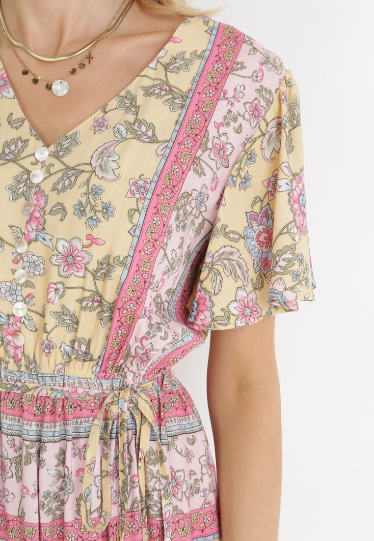 moni&co Rochie Galbenă Cloș Midi cu Elastic în Talie și Curea din Material Shagumi