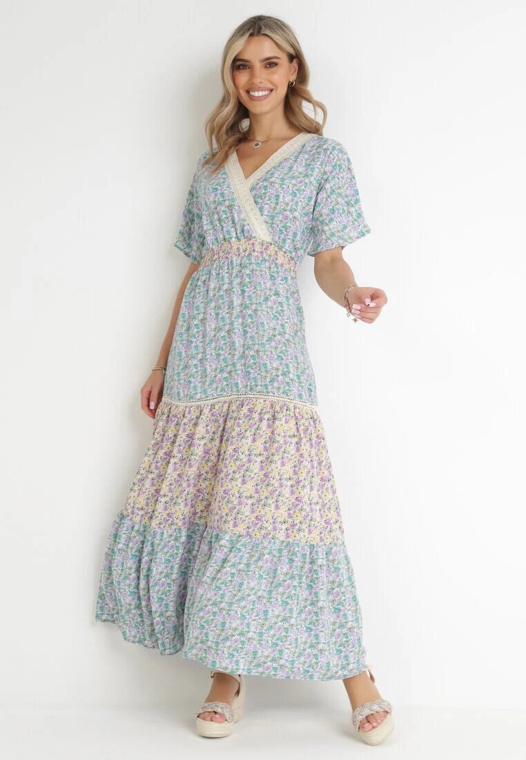 moni&co Rochie Maxi Albastru-mentă Evazată cu Elastic în Talie și Decolteu din Dantelă Gerbera