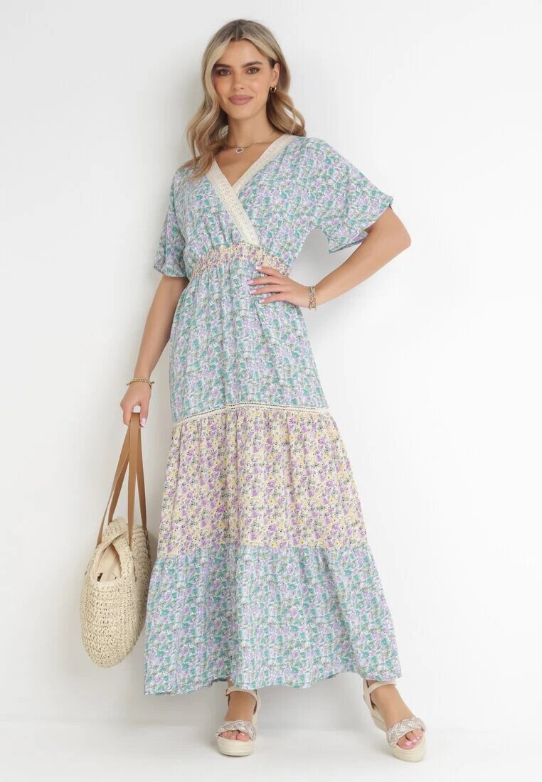 moni&co Rochie Maxi Albastru-mentă Evazată cu Elastic în Talie și Decolteu din Dantelă Gerbera