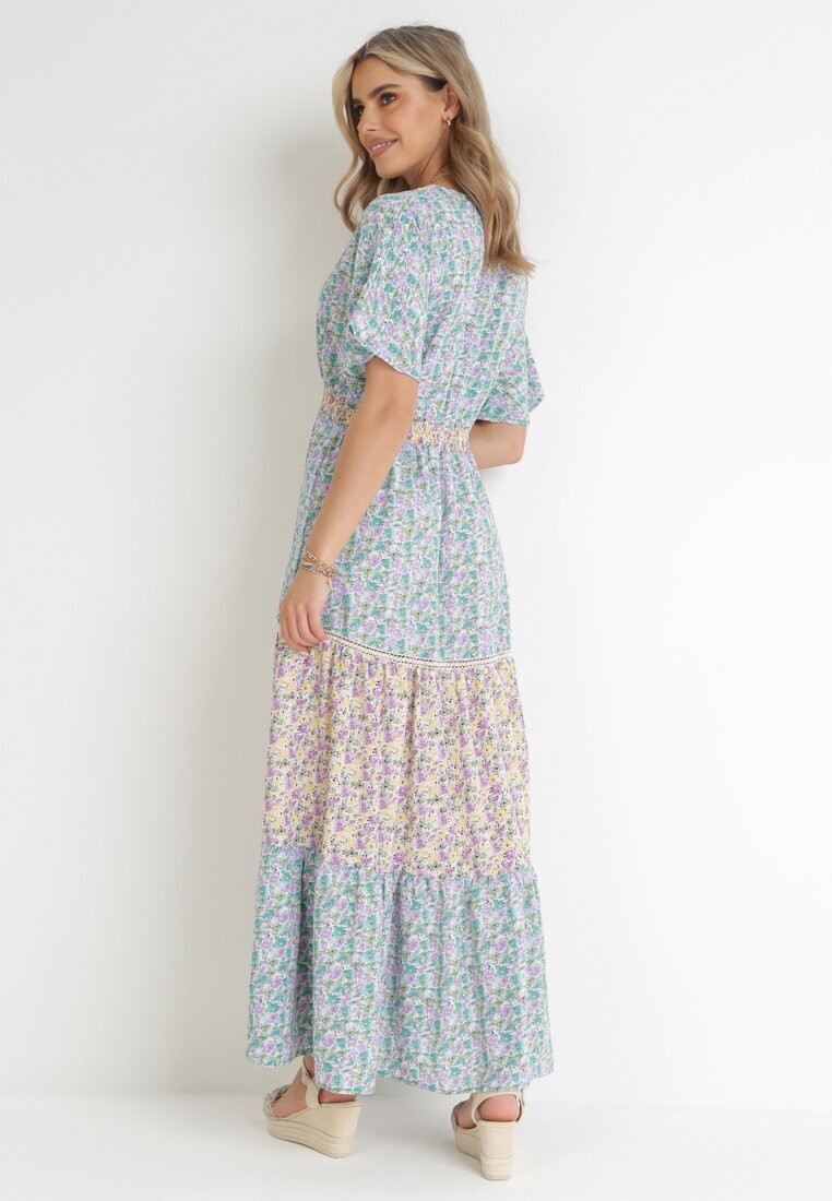moni&co Rochie Maxi Albastru-mentă Evazată cu Elastic în Talie și Decolteu din Dantelă Gerbera