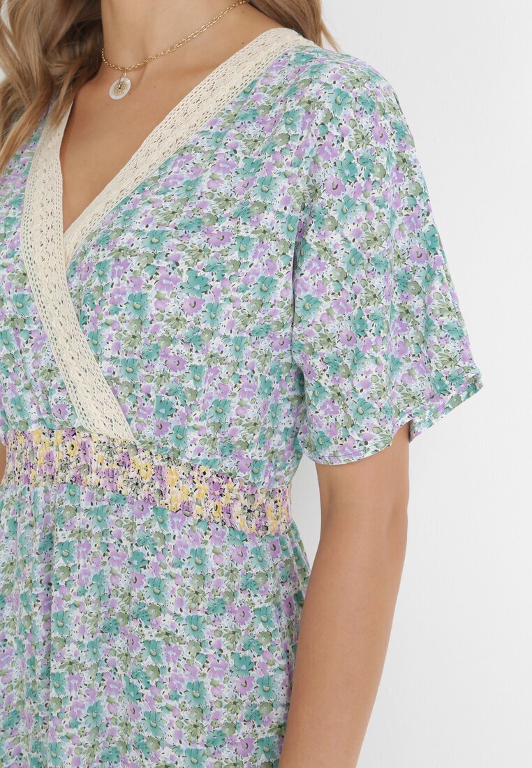 moni&co Rochie Maxi Albastru-mentă Evazată cu Elastic în Talie și Decolteu din Dantelă Gerbera