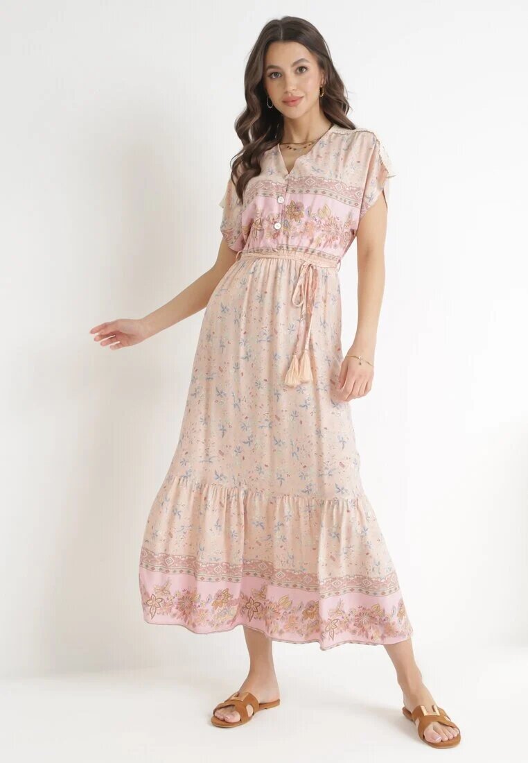 moni&co Rochie Maxi Roz deschis de bumbac cu elastic în talie și curea subțire cu ciucuri Kenadi