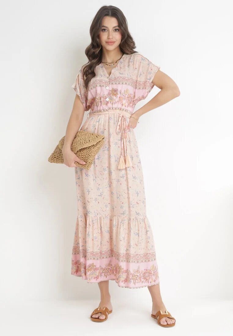 moni&co Rochie Maxi Roz deschis de bumbac cu elastic în talie și curea subțire cu ciucuri Kenadi