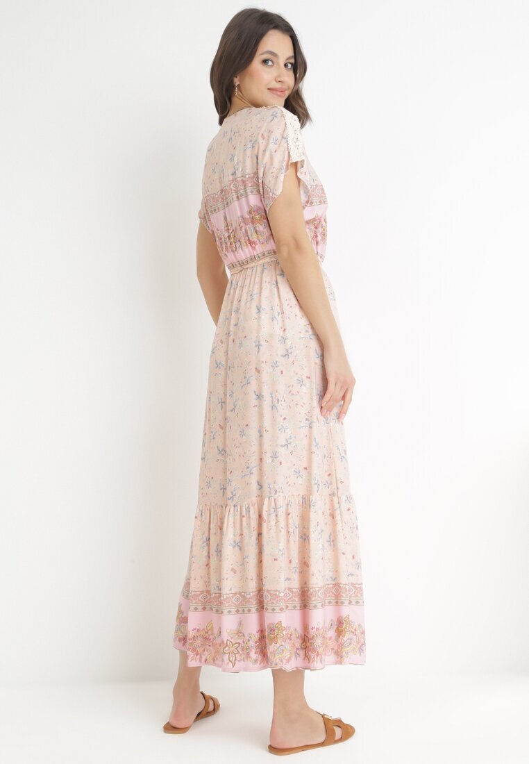 moni&co Rochie Maxi Roz deschis de bumbac cu elastic în talie și curea subțire cu ciucuri Kenadi