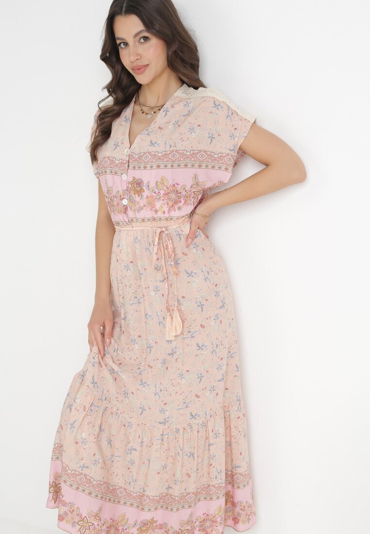 moni&co Rochie Maxi Roz deschis de bumbac cu elastic în talie și curea subțire cu ciucuri Kenadi
