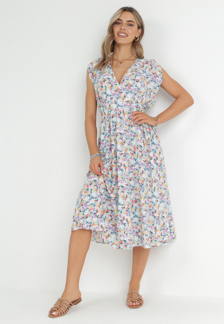 moni&co Rochie Midi Albastră cu Elastic în Talie și Legătură Decorativă la Spate Jeve
