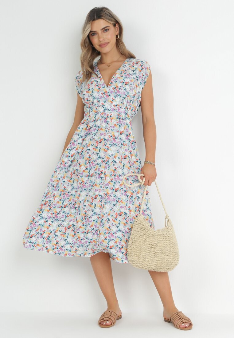 moni&co Rochie Midi Albastră cu Elastic în Talie și Legătură Decorativă la Spate Jeve