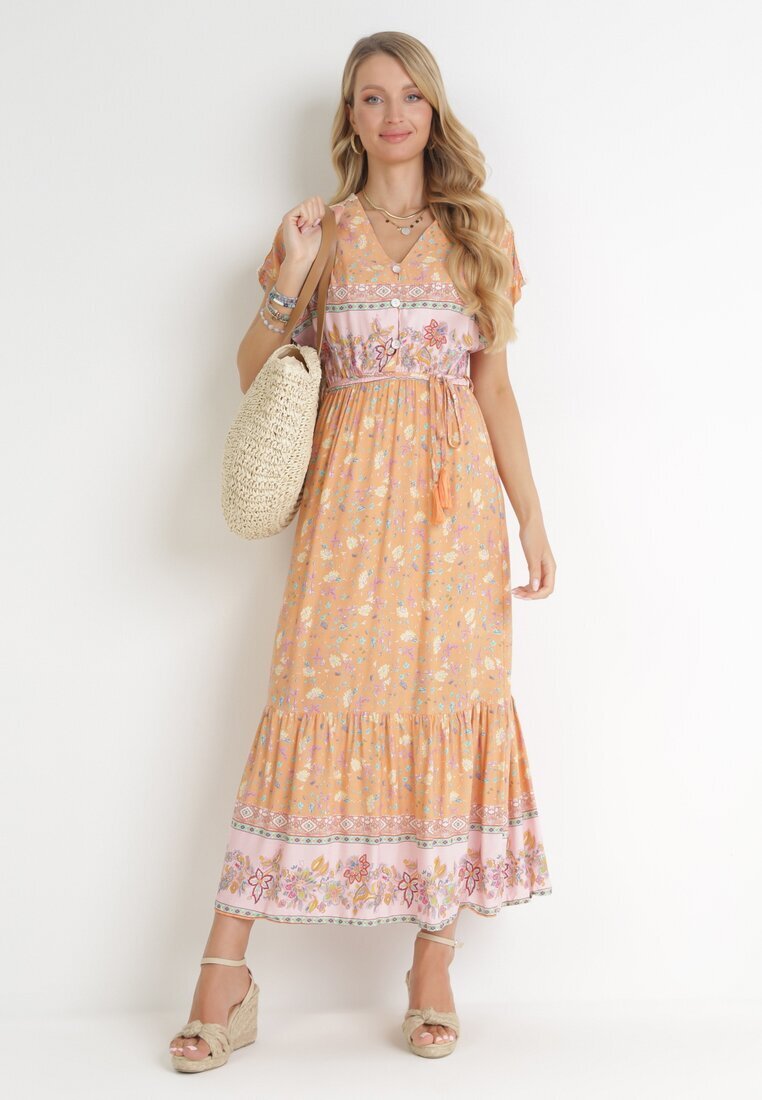 moni&co Rochie Portocaliu-Roz din Bumbac Maxi cu elastic în talie și curea subțire cu ciucuri Kenadi