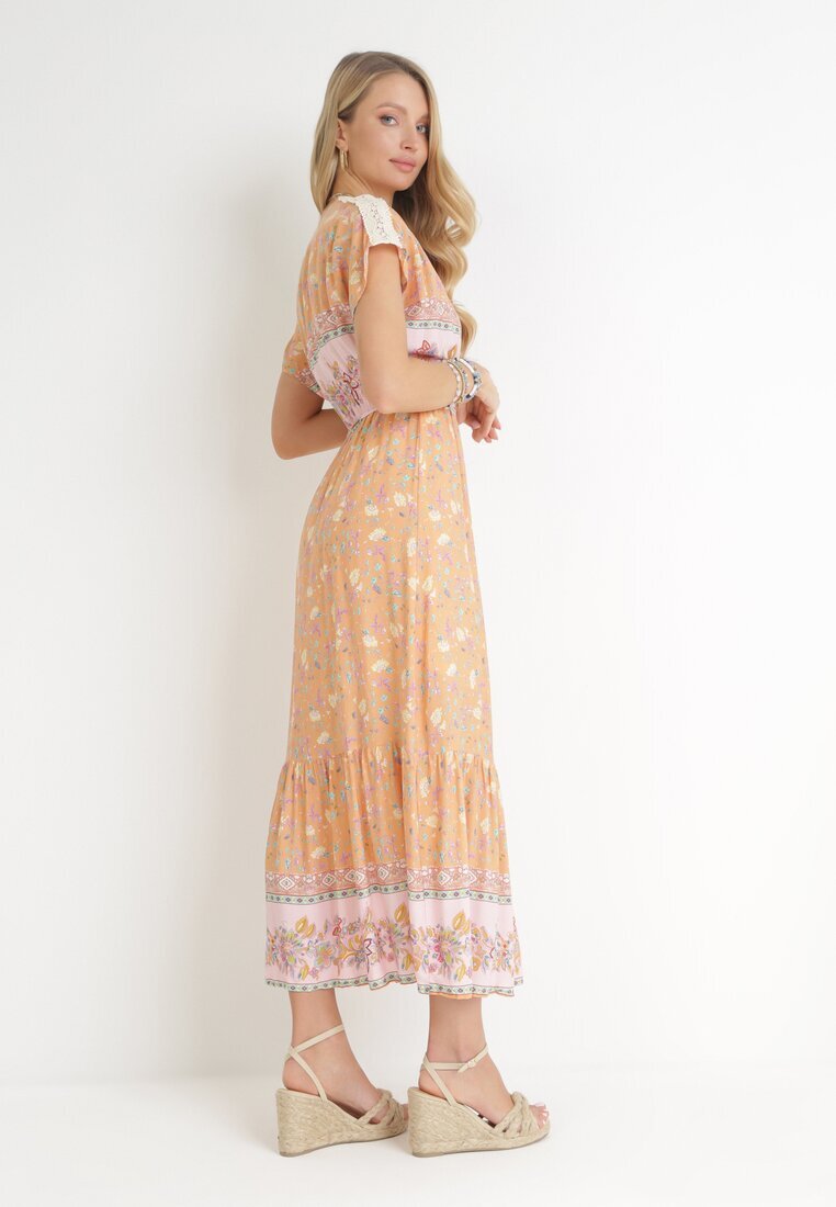 moni&co Rochie Portocaliu-Roz din Bumbac Maxi cu elastic în talie și curea subțire cu ciucuri Kenadi