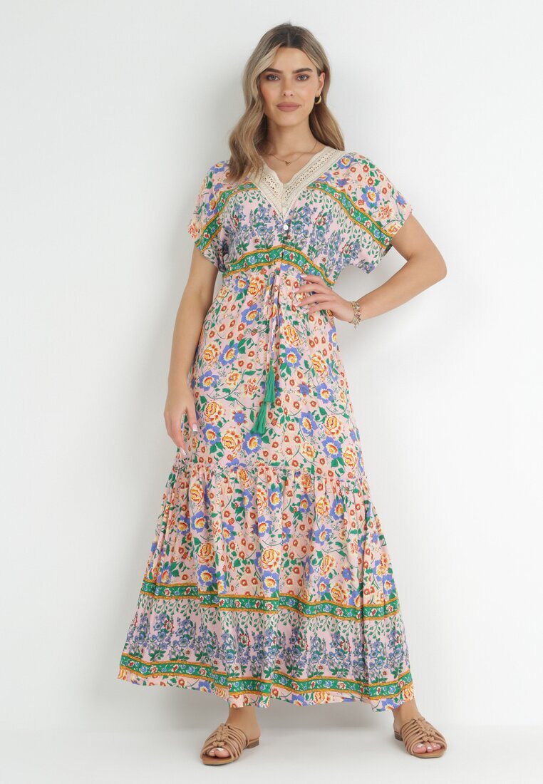 moni&co Rochie Roz-Albastră Maxi cu nasturi și decolteu din dantelă Cristyn