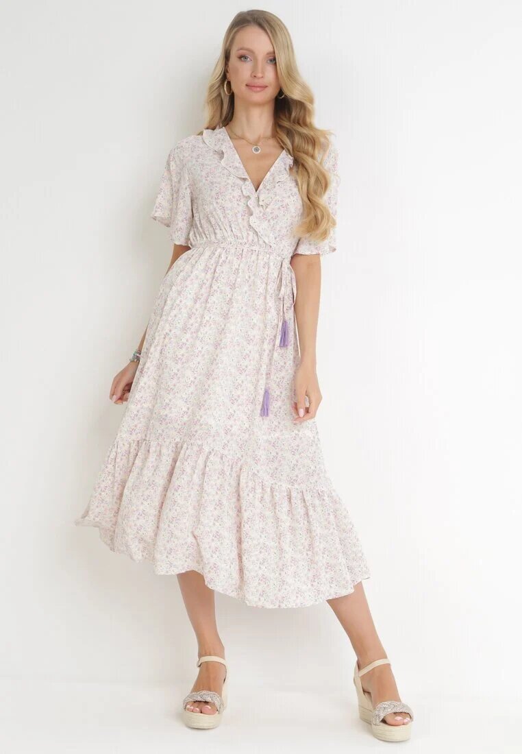 moni&co Rochie Roz-Mentă cu elastic în talie și decolteu petrecut cu volane Kyphine