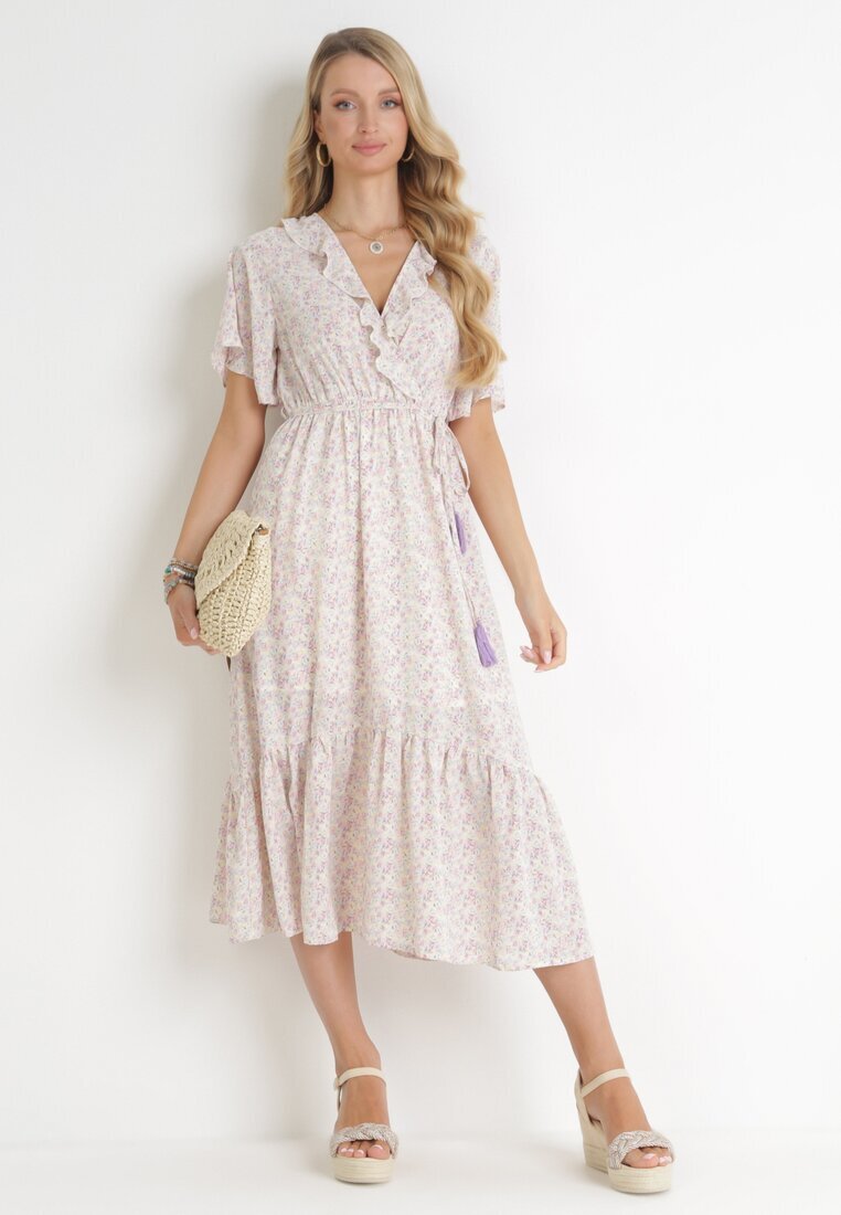 moni&co Rochie Roz-Mentă cu elastic în talie și decolteu petrecut cu volane Kyphine