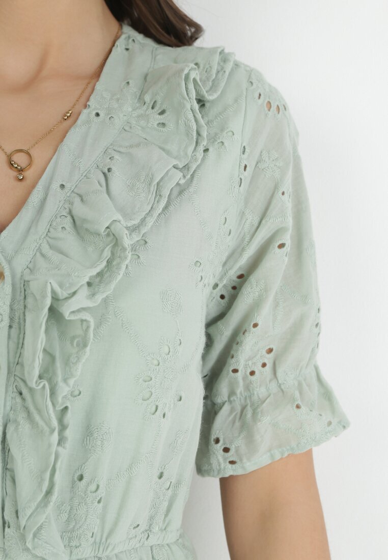 moni&co Rochie Verde din țesătură ajurată cu elastic în talie și volane Culissa