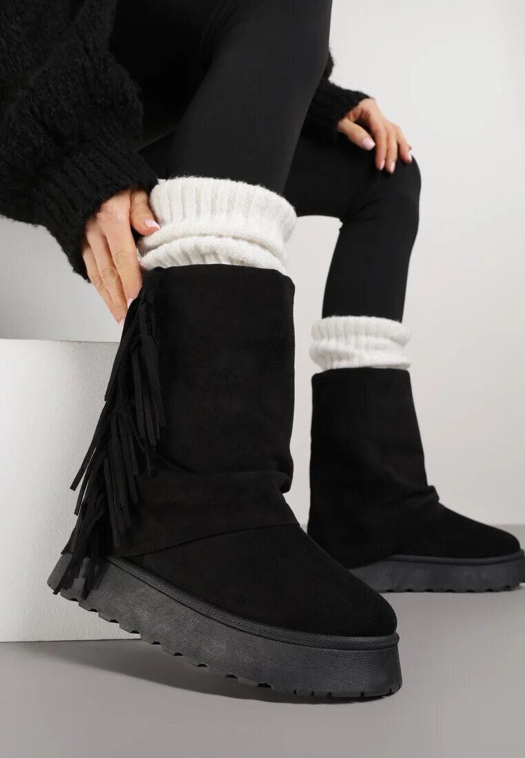 msmg Botine Negre Stil Cizme de Zăpadă cu Franjuri și Carâmb Imitând Crac de Pantaloni Sierafera