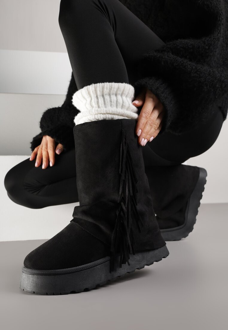 msmg Botine Negre Stil Cizme de Zăpadă cu Franjuri și Carâmb Imitând Crac de Pantaloni Sierafera