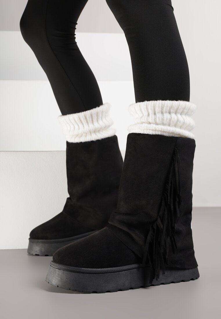 msmg Botine Negre Stil Cizme de Zăpadă cu Franjuri și Carâmb Imitând Crac de Pantaloni Sierafera