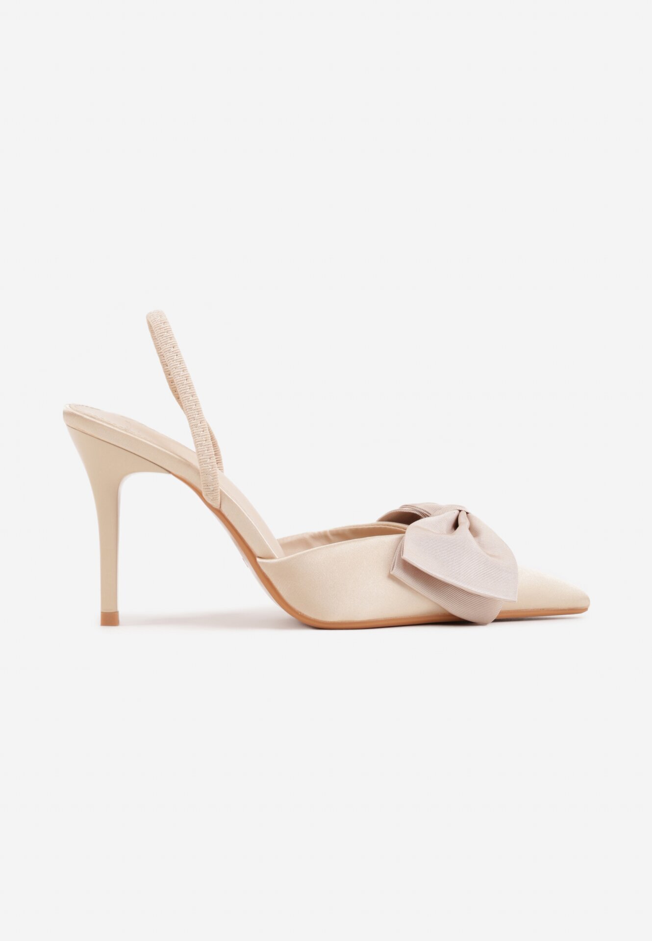 mulanka Pantofi stiletto Bej de satin cu călcâiul descoperit și fundă decorativă Argatea