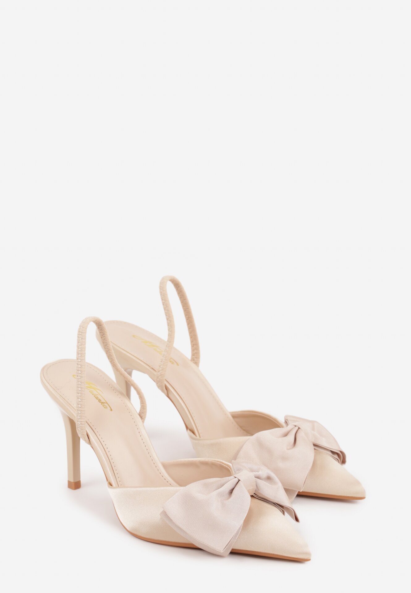 mulanka Pantofi stiletto Bej de satin cu călcâiul descoperit și fundă decorativă Argatea