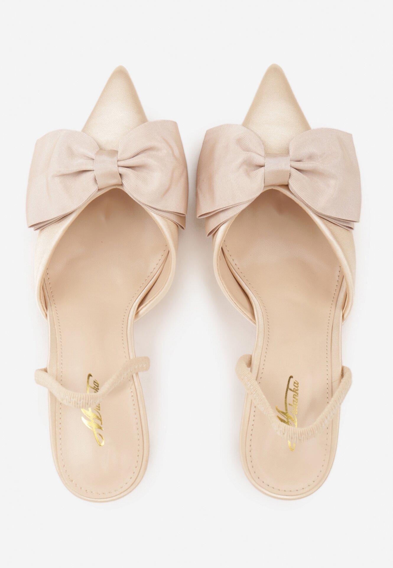 mulanka Pantofi stiletto Bej de satin cu călcâiul descoperit și fundă decorativă Argatea