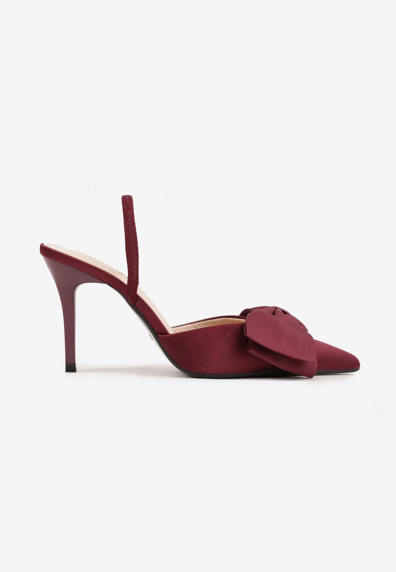 mulanka Pantofi stiletto din satin bordo cu călcâiul descoperit și fundă decorativă Argatea