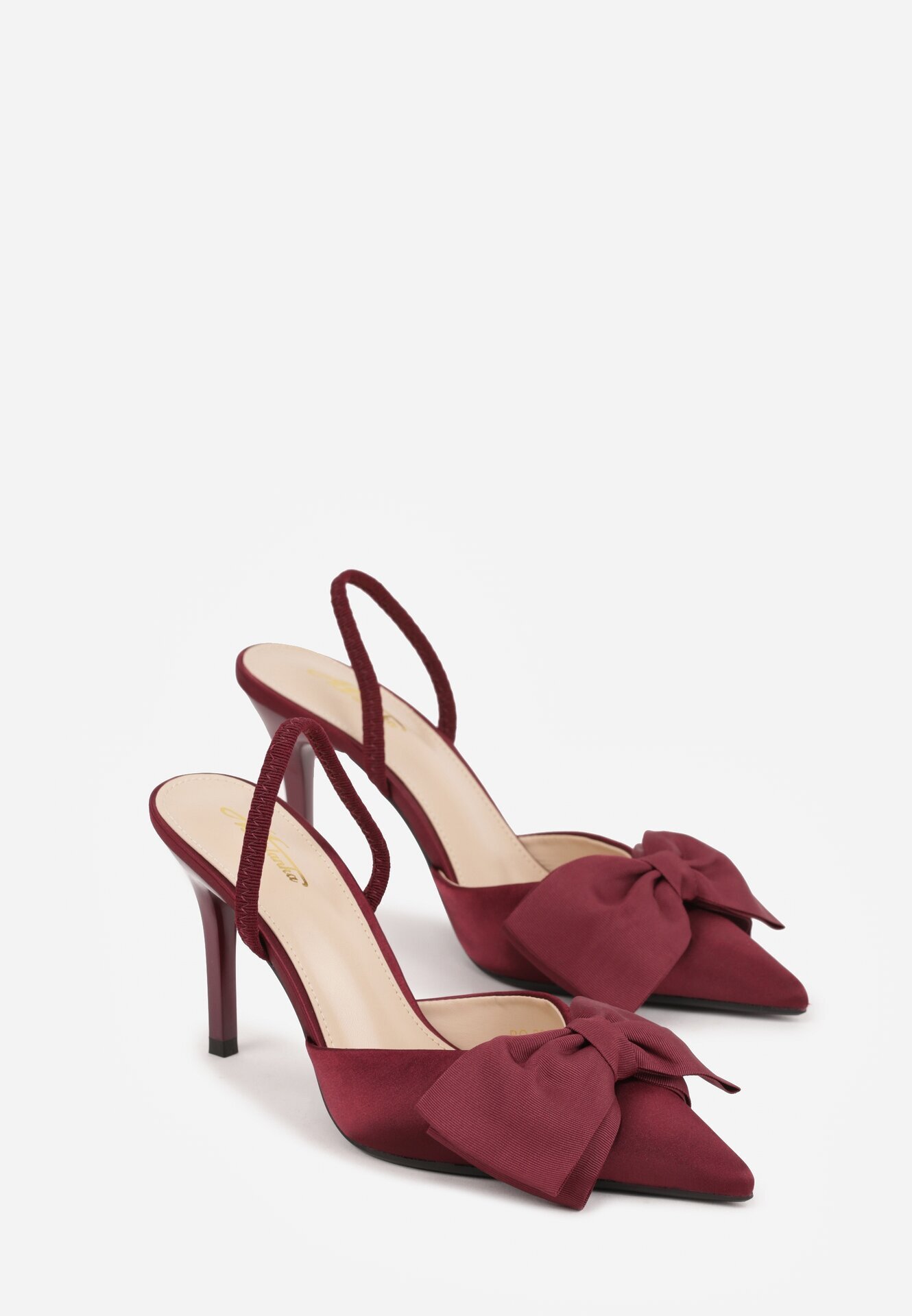 mulanka Pantofi stiletto din satin bordo cu călcâiul descoperit și fundă decorativă Argatea
