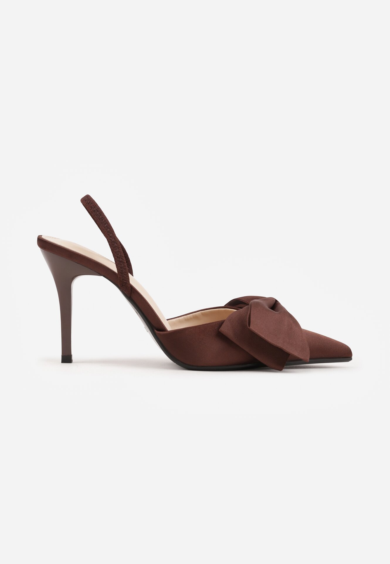 mulanka Pantofi stiletto maro de satin cu călcâiul deschis și fundă decorativă Argatea