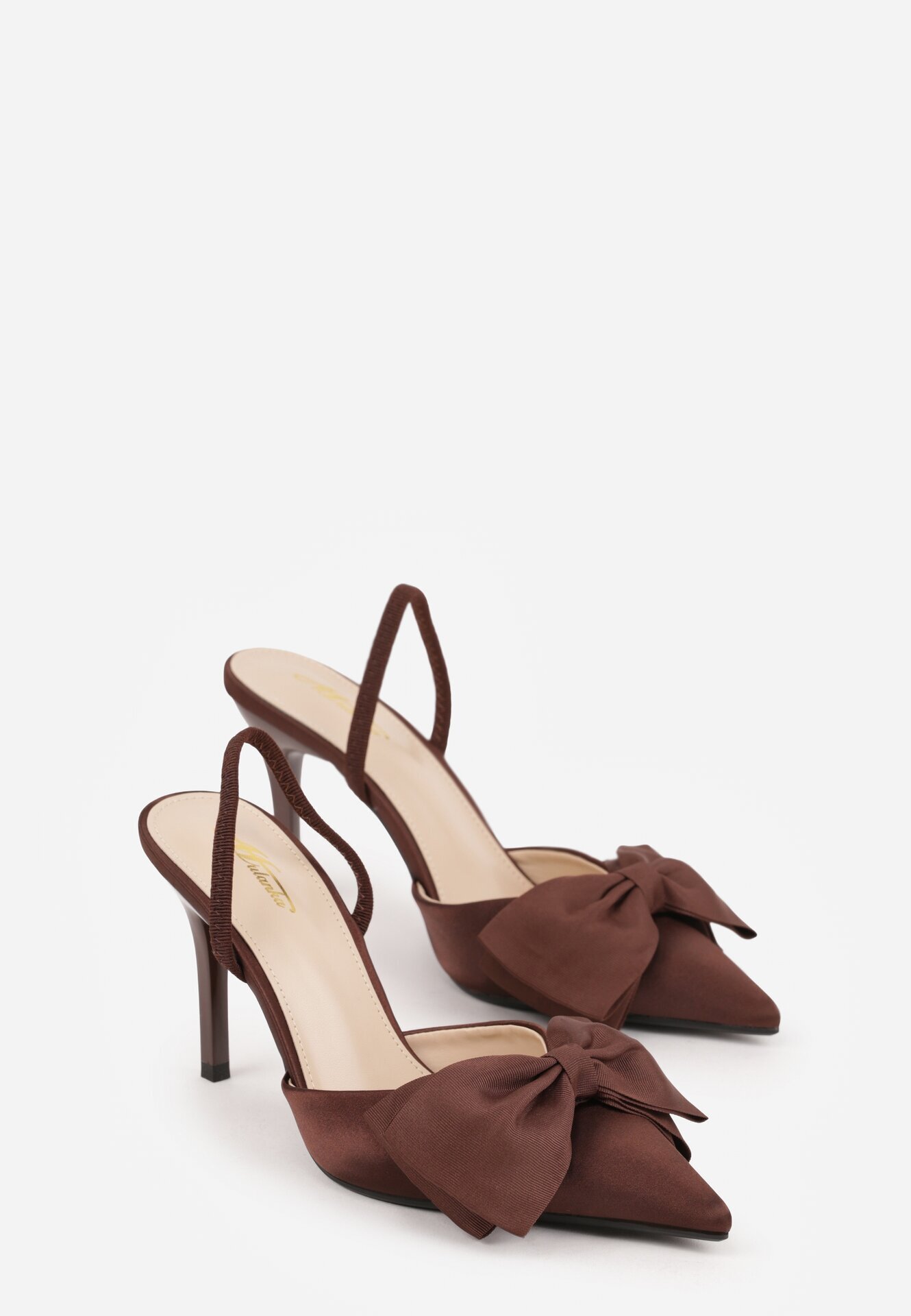mulanka Pantofi stiletto maro de satin cu călcâiul deschis și fundă decorativă Argatea