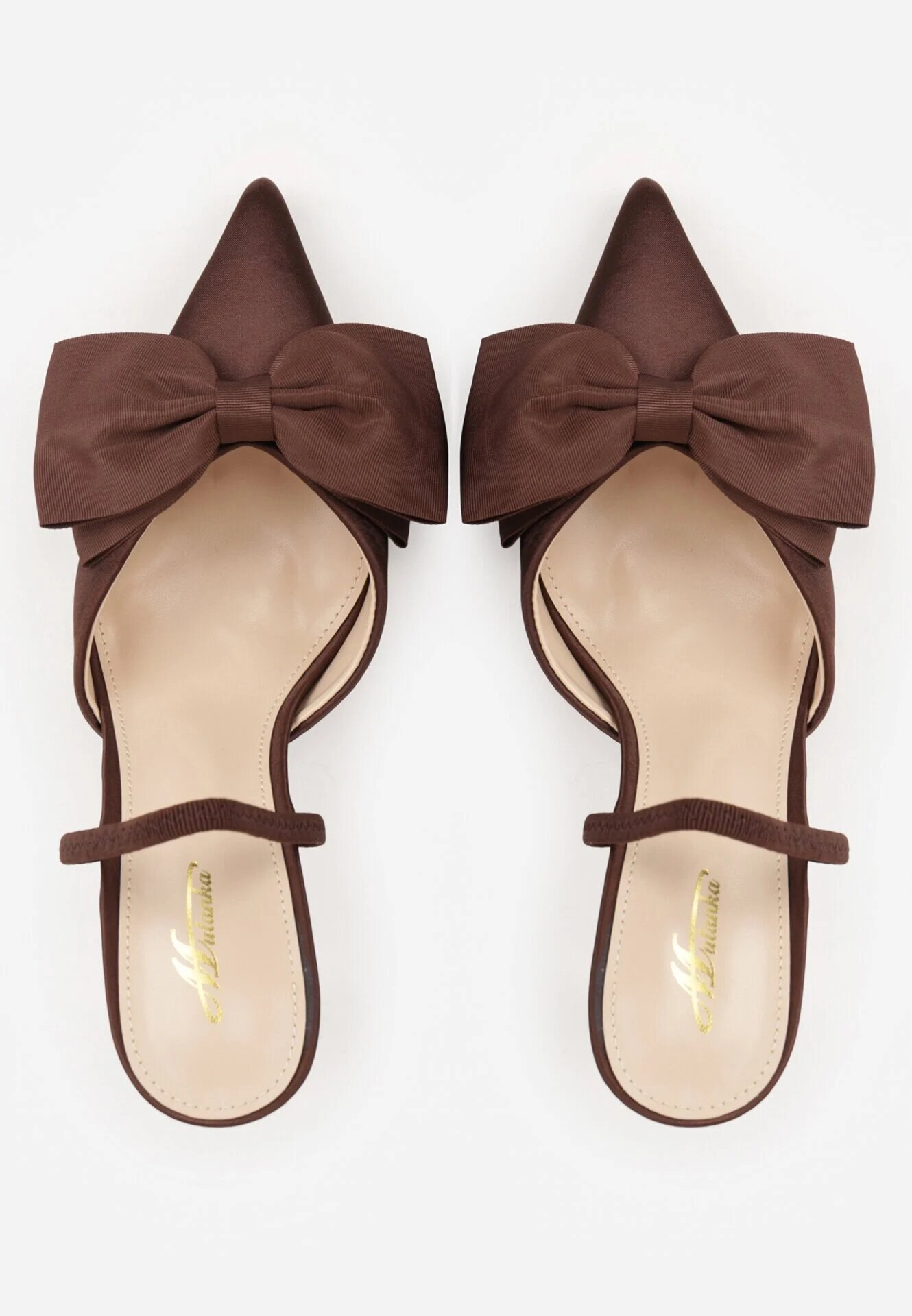mulanka Pantofi stiletto maro de satin cu călcâiul deschis și fundă decorativă Argatea