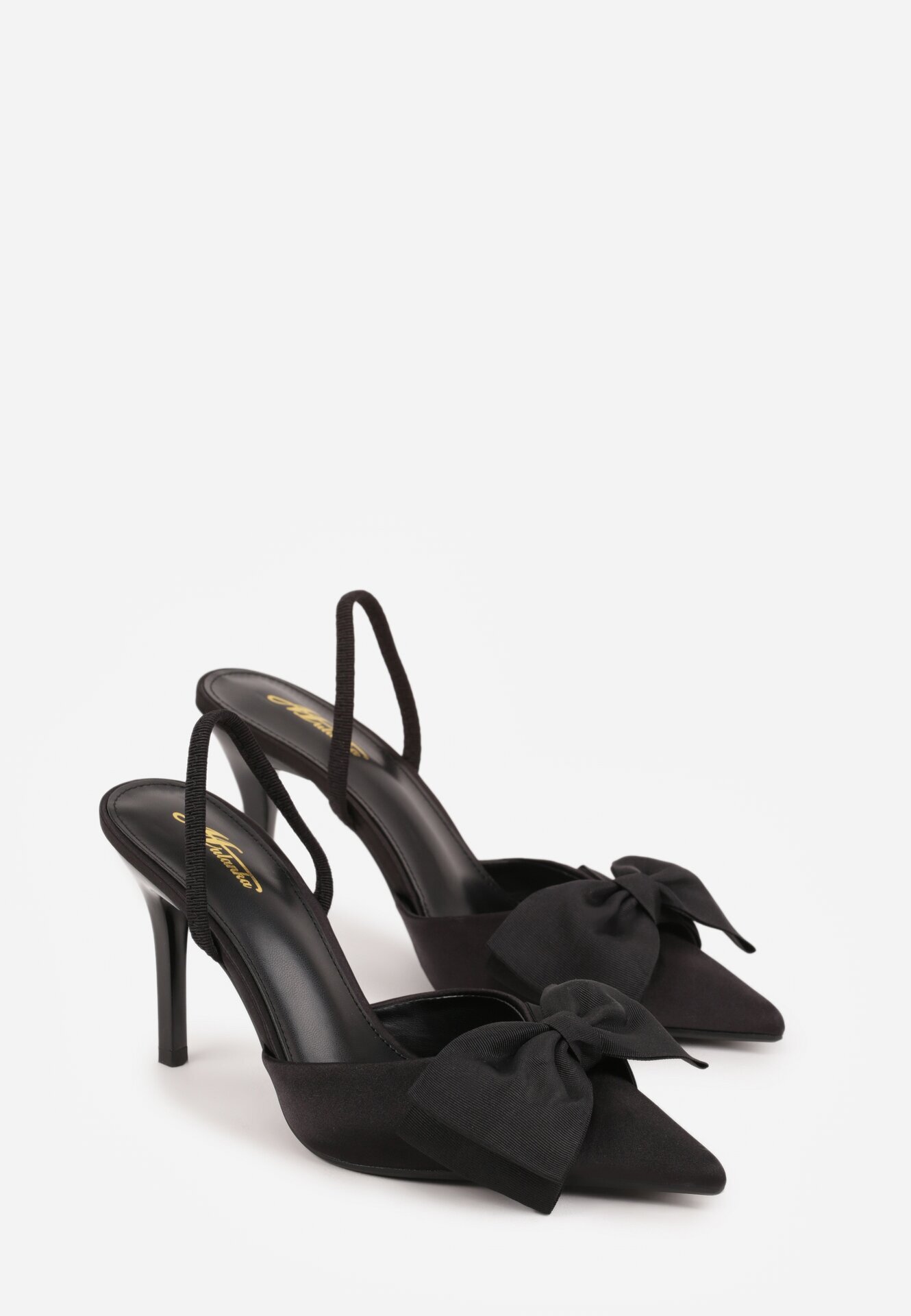 mulanka Pantofi stiletto negri din satin cu călcâiul descoperit și fundă decorativă Argatea