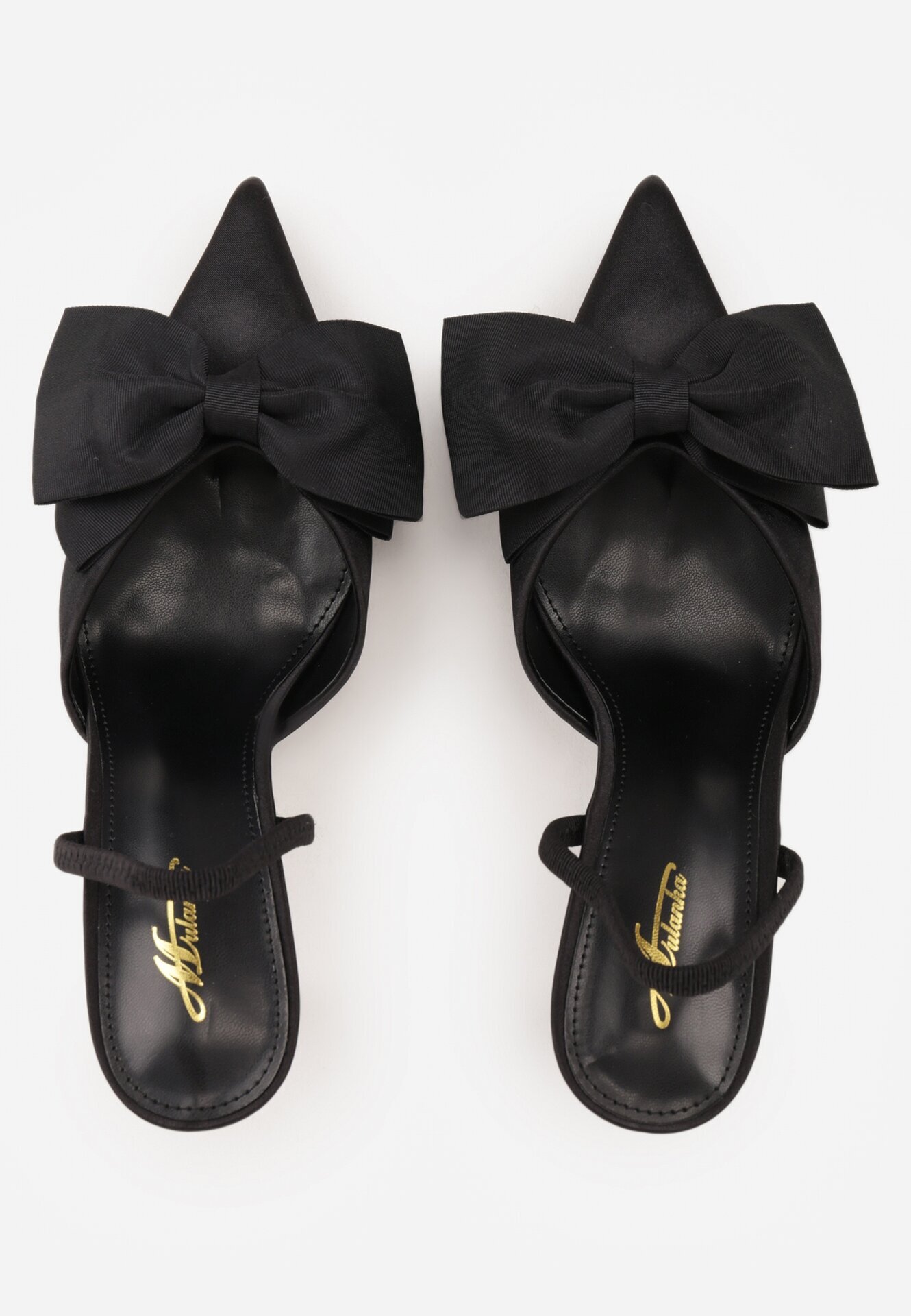 mulanka Pantofi stiletto negri din satin cu călcâiul descoperit și fundă decorativă Argatea