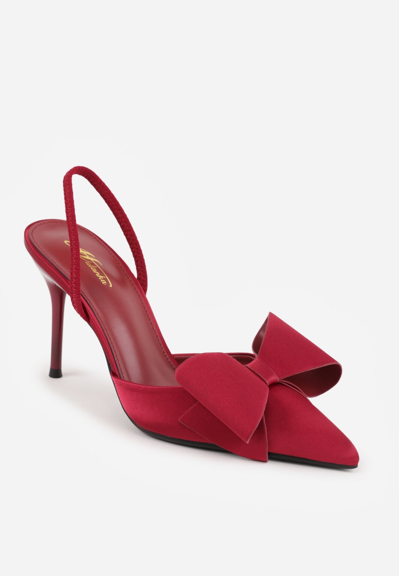 mulanka Sandale Bordeaux din Satin cu Toc Stiletto cu Călcâiul Descoperit și Fundă Shiriniana