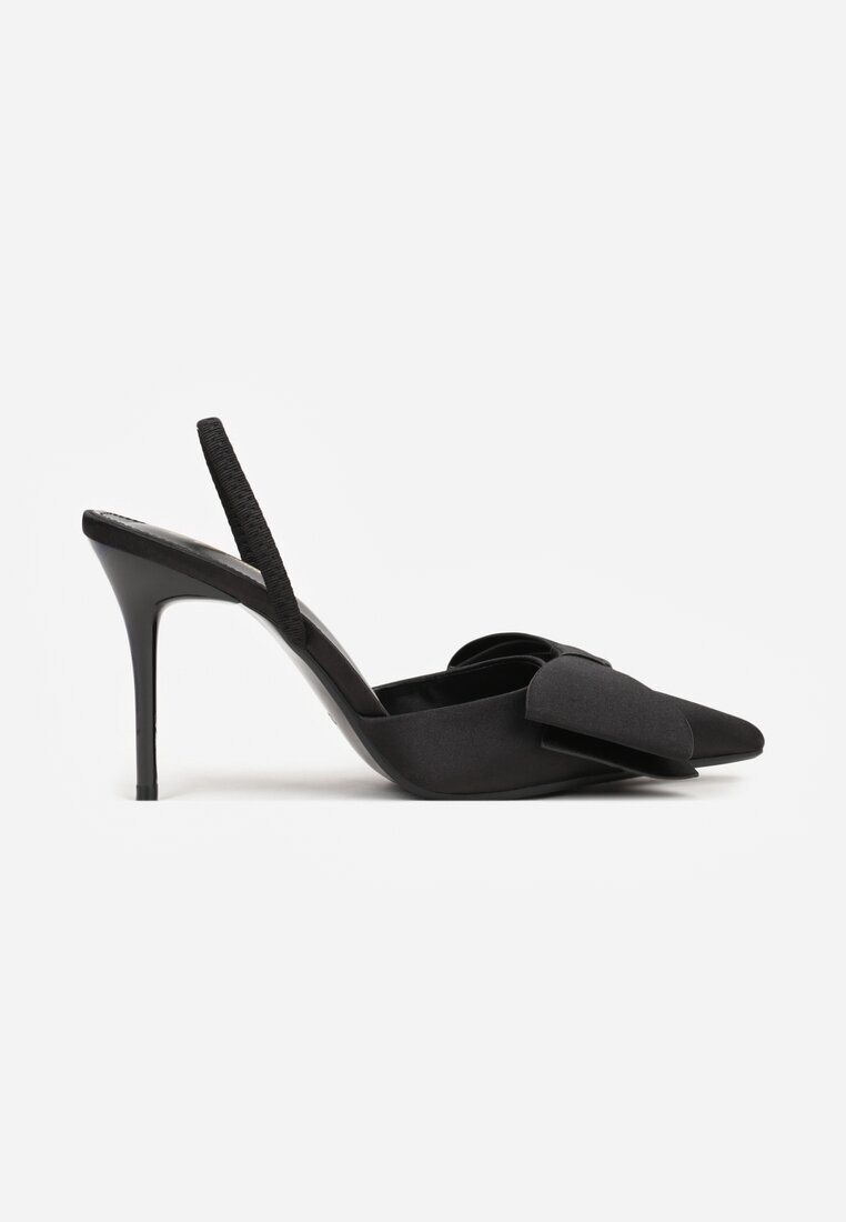 mulanka Sandale Negre Satinate cu Toc Stiletto cu Călcâiul Descopert și Fundiță Shiriniana