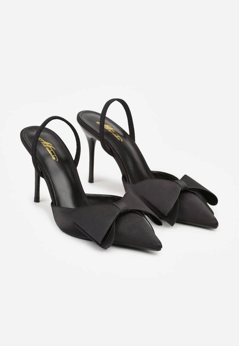 mulanka Sandale Negre Satinate cu Toc Stiletto cu Călcâiul Descopert și Fundiță Shiriniana