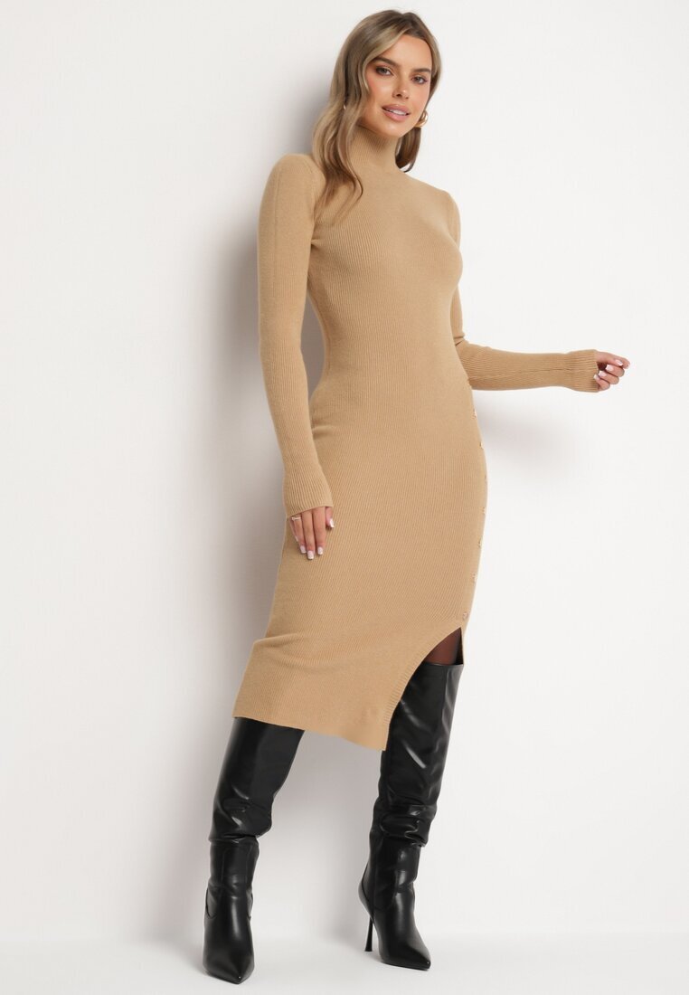 n.every day Rochie tip pulover bej închis mulată cu Vâscoză Modal și nasturi decorativi Gemifra