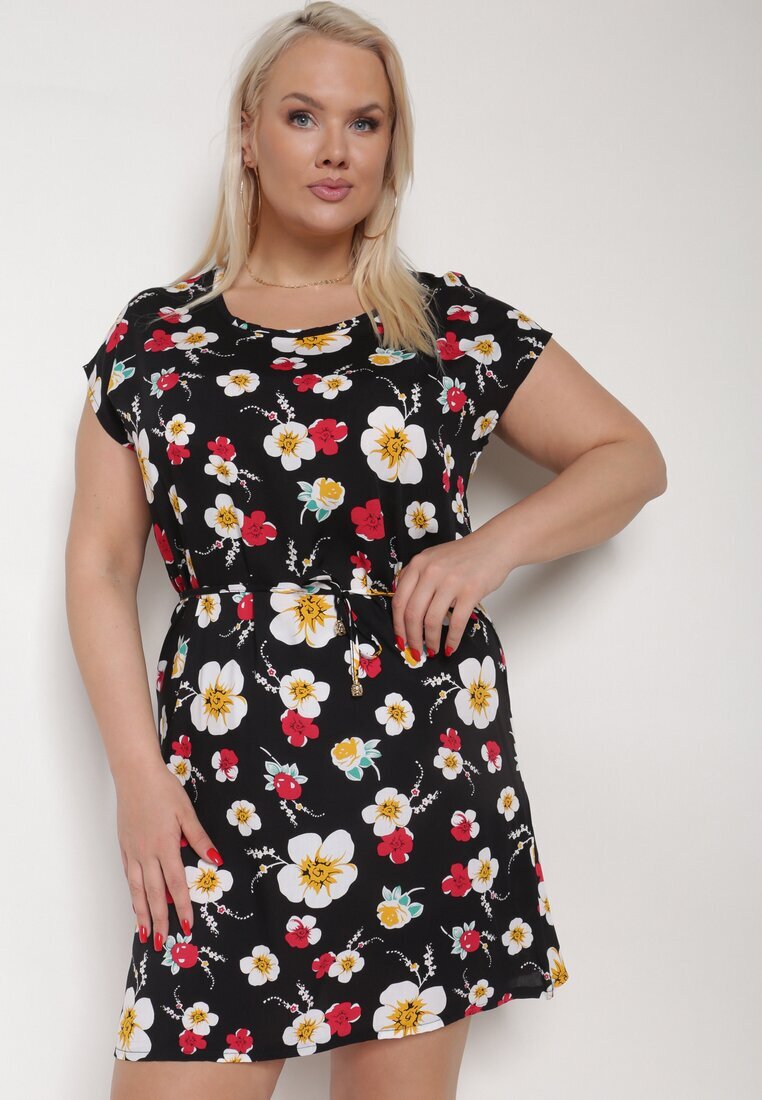 n.every day Rochie vâscoză Negru-Roșu cu flori cu curea din material în talie Risse