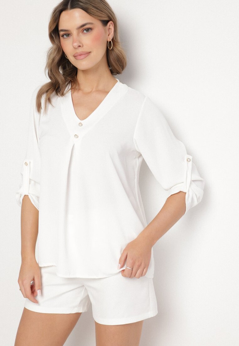 new collection Bluză Albă cu Croi Trapezoidal Decolteu în V și Mâneci cu Prindere Aslimi