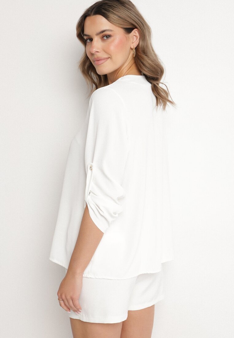 new collection Bluză Albă cu Croi Trapezoidal Decolteu în V și Mâneci cu Prindere Aslimi