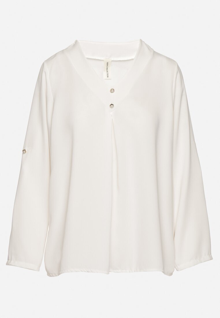 new collection Bluză Albă cu Croi Trapezoidal Decolteu în V și Mâneci cu Prindere Aslimi