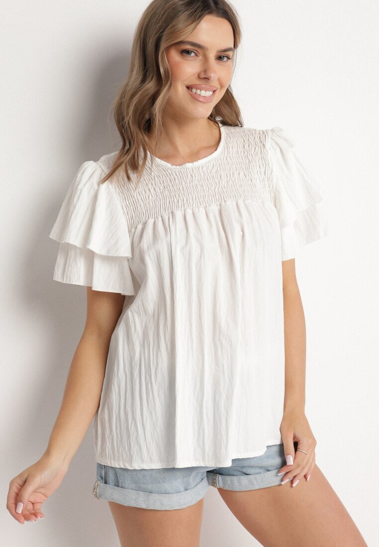 new collection Bluză Albă cu Vâscoză cu croială trapezoidală cu Volane și Inserție Elastică Dorlimi