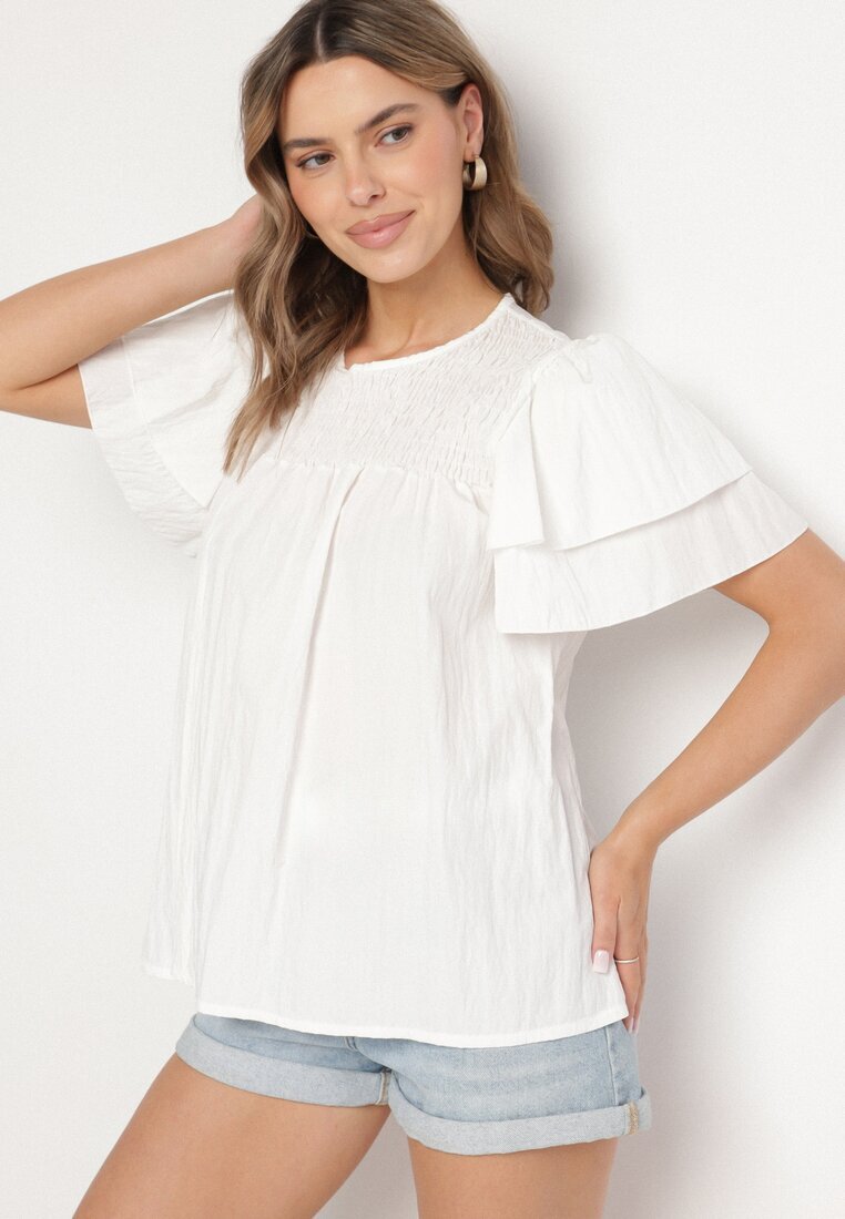 new collection Bluză Albă cu Vâscoză cu croială trapezoidală cu Volane și Inserție Elastică Dorlimi