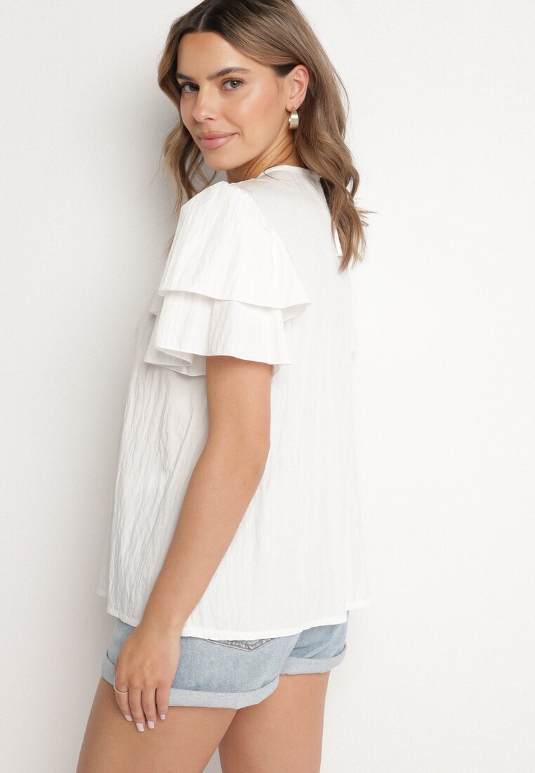 new collection Bluză Albă cu Vâscoză cu croială trapezoidală cu Volane și Inserție Elastică Dorlimi