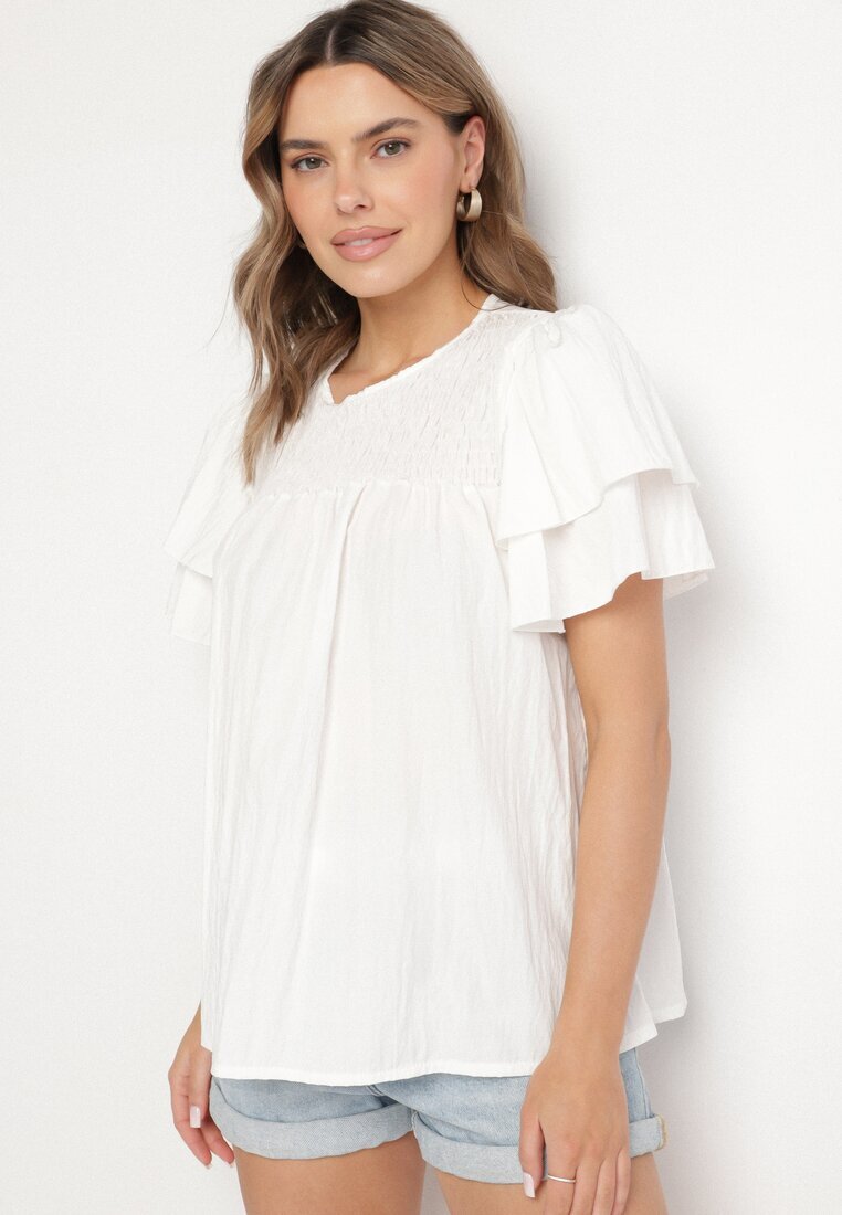new collection Bluză Albă cu Vâscoză cu croială trapezoidală cu Volane și Inserție Elastică Dorlimi
