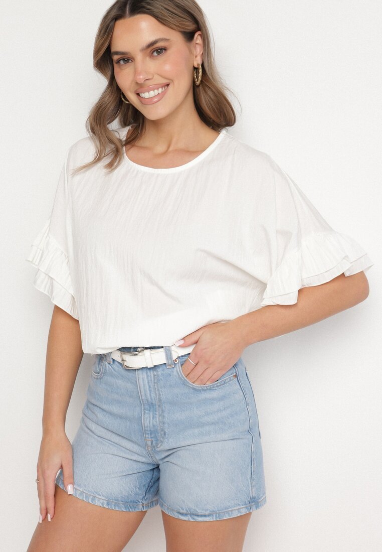 new collection Bluză Albă cu Viscoză Tip liliac cu Volane Davienna