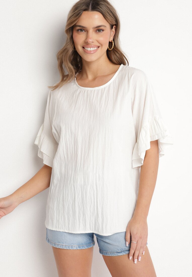 new collection Bluză Albă cu Viscoză Tip liliac cu Volane Davienna